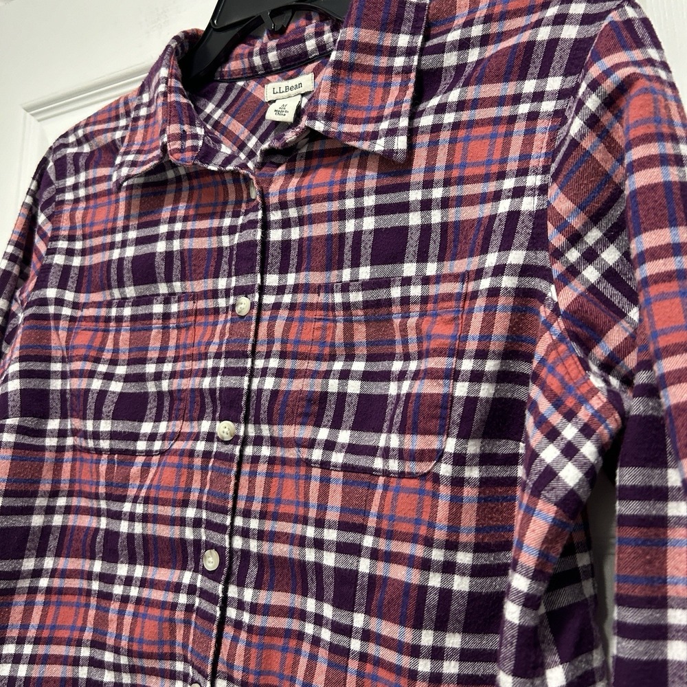 LL Bean‎ Shirt Women's Size Medium Maroon Coral Plaid Button Up 100% Cotton - Picture 4 of 8